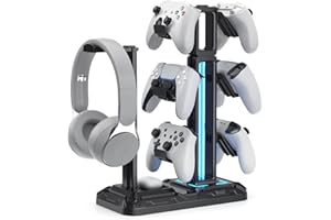 KDD RGB Multi-Controller Holder with 9 Light Modes - Rotatable Universal Headphone Hanger - Controller Stand with 6 Detachable Hooks for Desktop Gamer Accessories