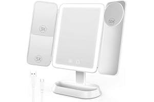 FRANO Tri-Fold Makeup Mirror with Lights, Rechargeable Mirror with 2X/3X/10X Magnification, Portable Vanity Mirror with for Travel/Desk, Gifts for Women Her