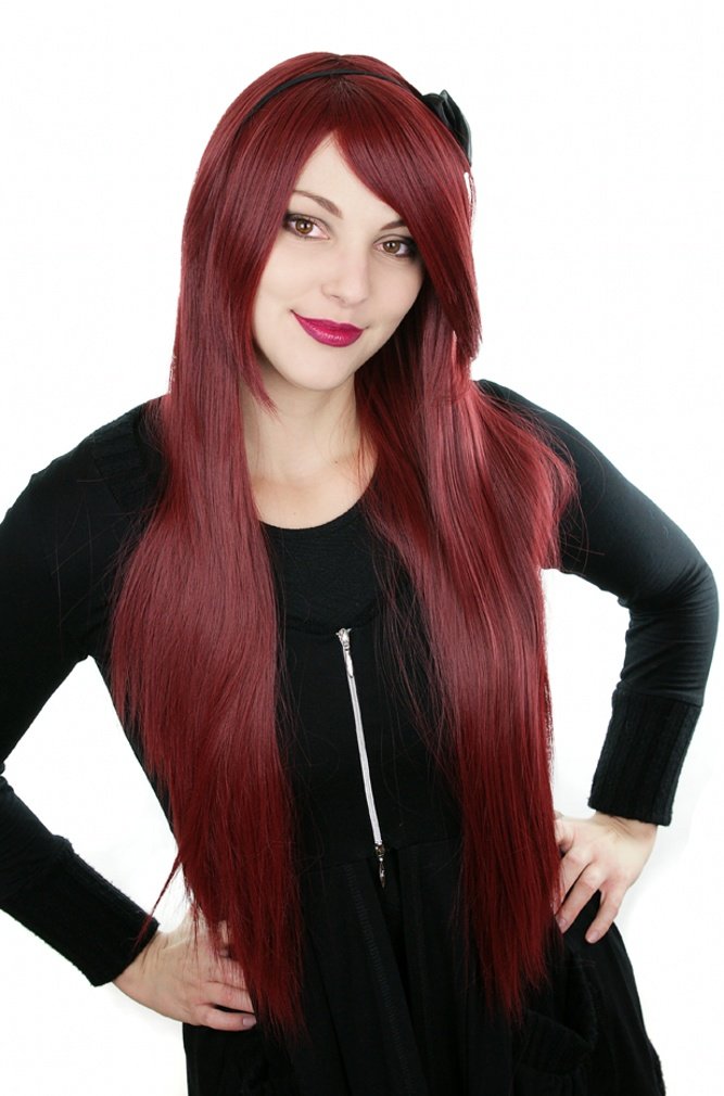 Prettyland C918 - Long Women Wig Straight Silky Layered Hair 80 Cm Long with Bangs - Burgundy/Dark Red