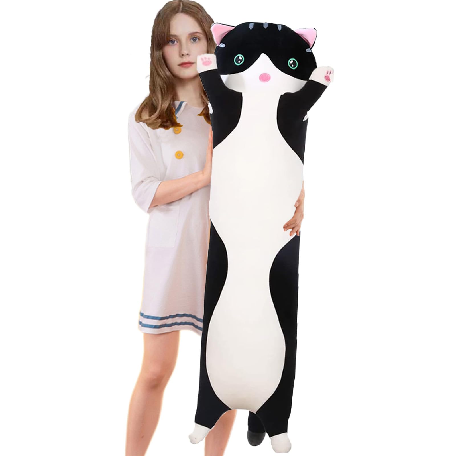 Aiuidun Long Cat Plush Pillow Soft Cat Hugging Pillow Stuffed Animal Pillow Cute Kitty Sleeping Throw Pillow Gift for Kids(90cm/35.4inch,Black)