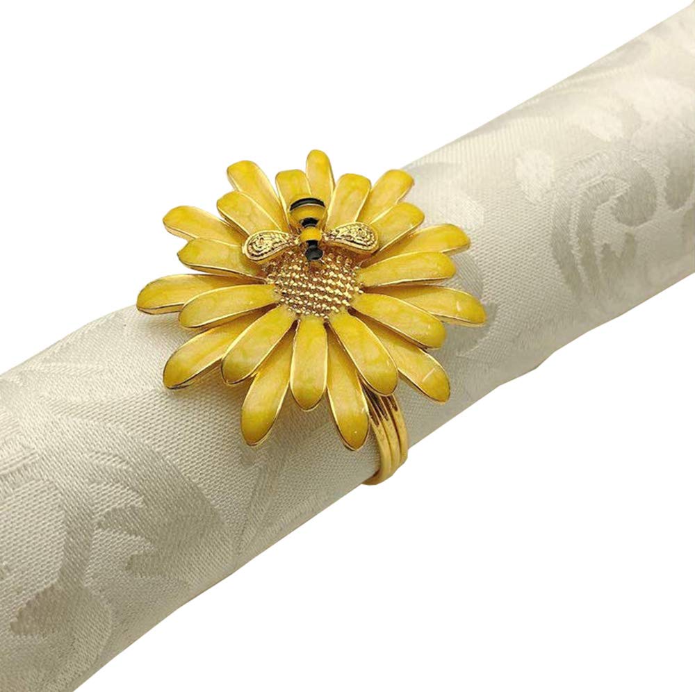 Booluee 6 Pcs Metal Daisy Flower Napkin Rings Set, Cute Bee Flower Napkin Holders Serviette Buckles for Christmas Holiday Wedding Banquet Carnival Party Table Decorations (Yellow)