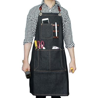 JZK 2 x Denim Jean Adjustable Kitchen Apron with Big Pockets for Women