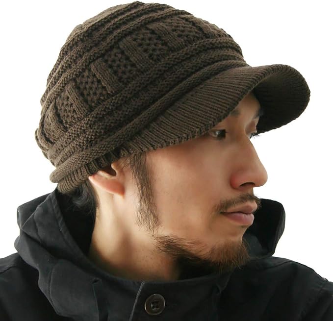 Amazon ピースクロージング 柄ツバ付きキャスケットワークニット帽子 男女兼用 メンズ レディース ブラウン ニット 通販