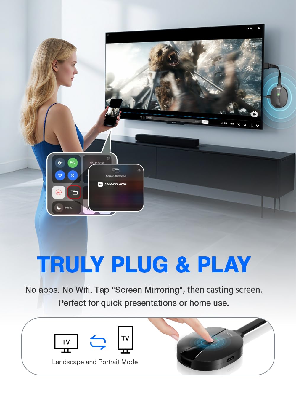 AIMIBO 2025 Wireless Display Adapter 4K, Plug & Play 2.4G+5G@60Hz HDMI Wireless Dongle for iOS Android Windows macOS Smartphone Tablet Laptop to HDTV Monitor Projector -Support Airplay DLNA Miracast