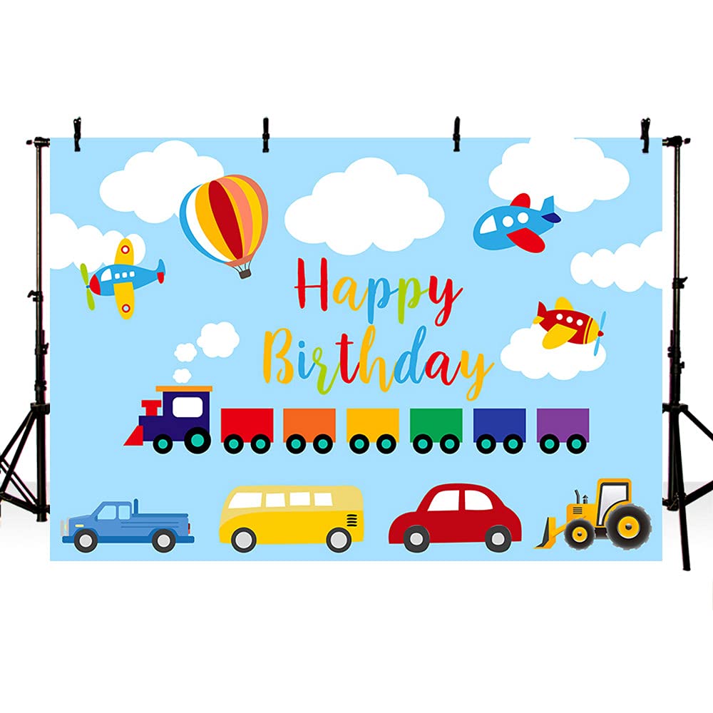 MEHOFOND 8x6ft Transportation Boy Birthday Party Backdrop Blue Sky White Cloud Automobile Train Airplane Car Bus Truck Happy 1st Birthday Up Hot Air Balloon Photography Background Photo Booth Banner