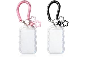 Qoncosy 2 Pack Cute Photocard Holder Keychain Kpop Photo Card Holder, Transparent PC Holder with Star Wave Design for Bus Student Card, Creative Photo Protector Keychain (Pink and Black)