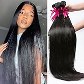 12A Straight Hair Bundles Brazilian Human Hair 3 Bundles (26 24 22 Inches)100% Unprocessed Virgin Hair Straight Weave Human Hair Bundles Natural Color Hair Extensions