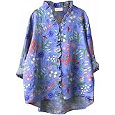 Womens Ruffle Button Down Shirt V Neck Long Sleeve Boho Floral Print Shirt Casual Lightweight Art Graphic Blouse Tops