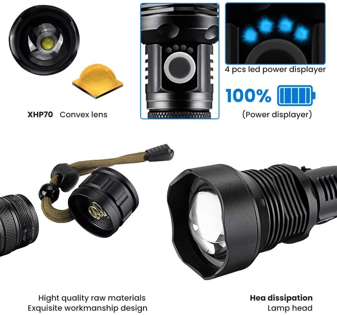 LIUMY XHP70.2 Tactical Flashlight, Super Bright 90000 Lumens LED Flashlight with 10000mAh Parallel Battery, Zoomable&IPX5 Waterproof&USB Rechargeable, 3 Modes Searchlight for Outdoor, Emergency - - 