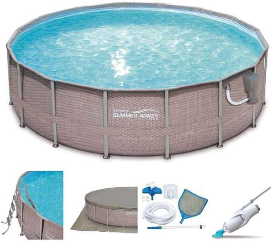 Summer Waves 18ft x 48in Elite Wicker Print Frame Pool Set with Pump + Cleaner