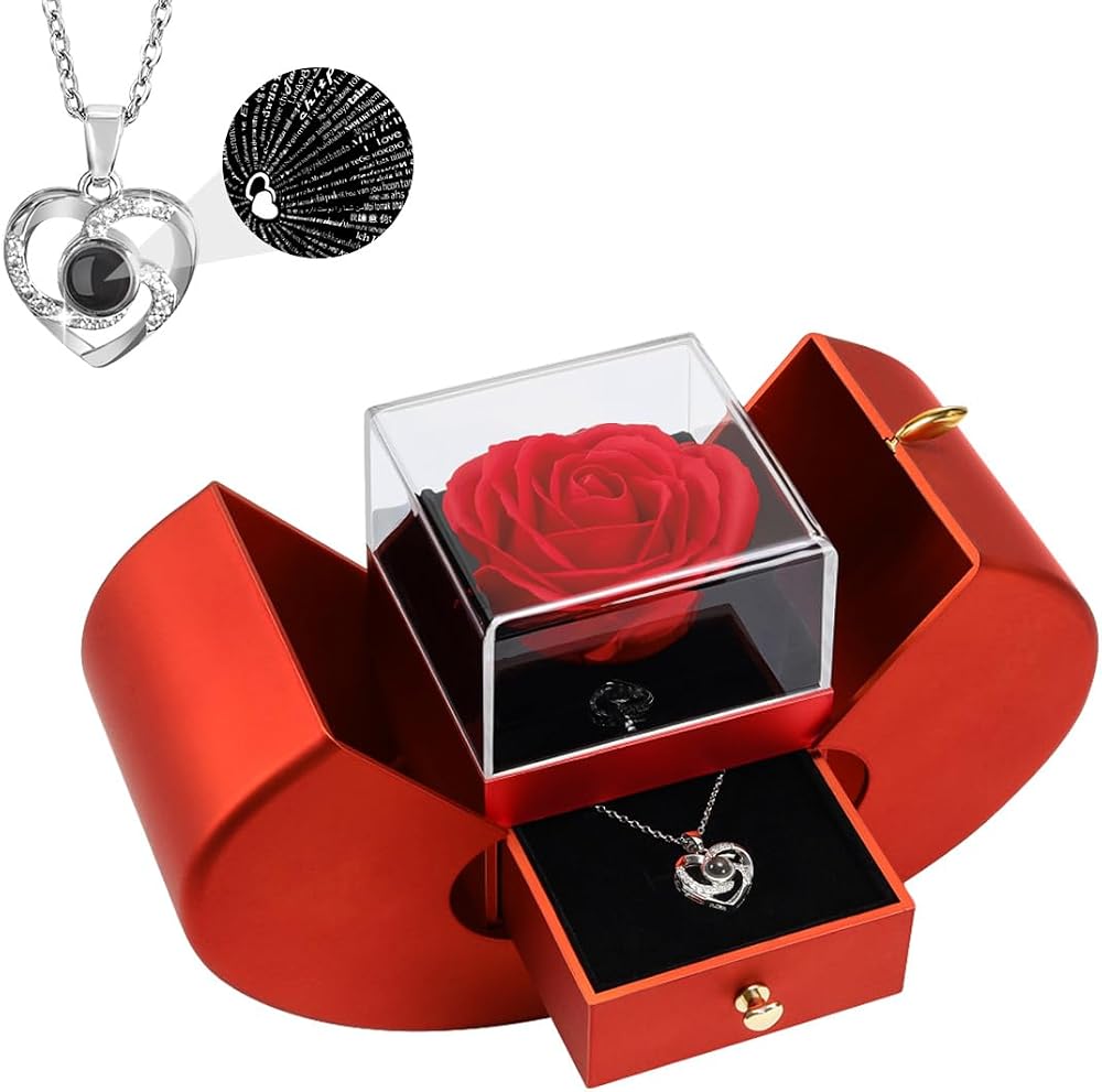 Emibele Preserved Red Rose & Heart Necklace Gift for Mom Grandma Wife