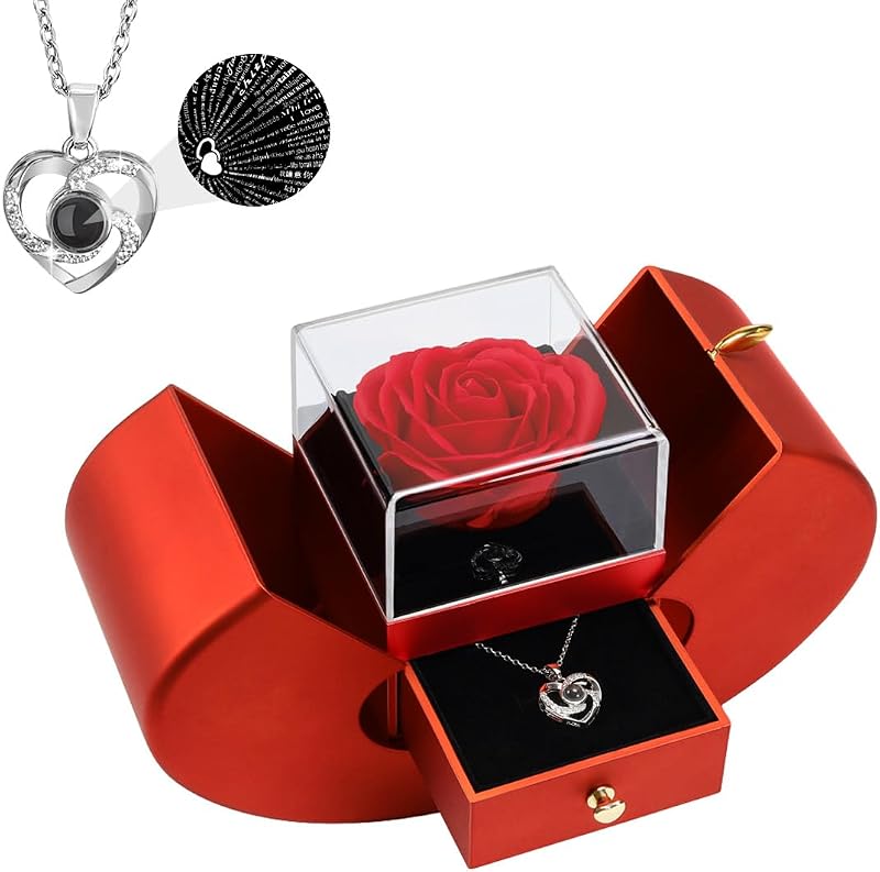 Emibele Preserved Red Rose & Heart Necklace Gift for Mom Grandma Wife