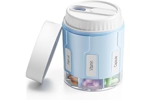 Daviky Pill Bottle Organizer, Supplement Organizer with 7 Large Compartments, Travel Pill Dispenser Round Pill Box with Two Lids（Blue）