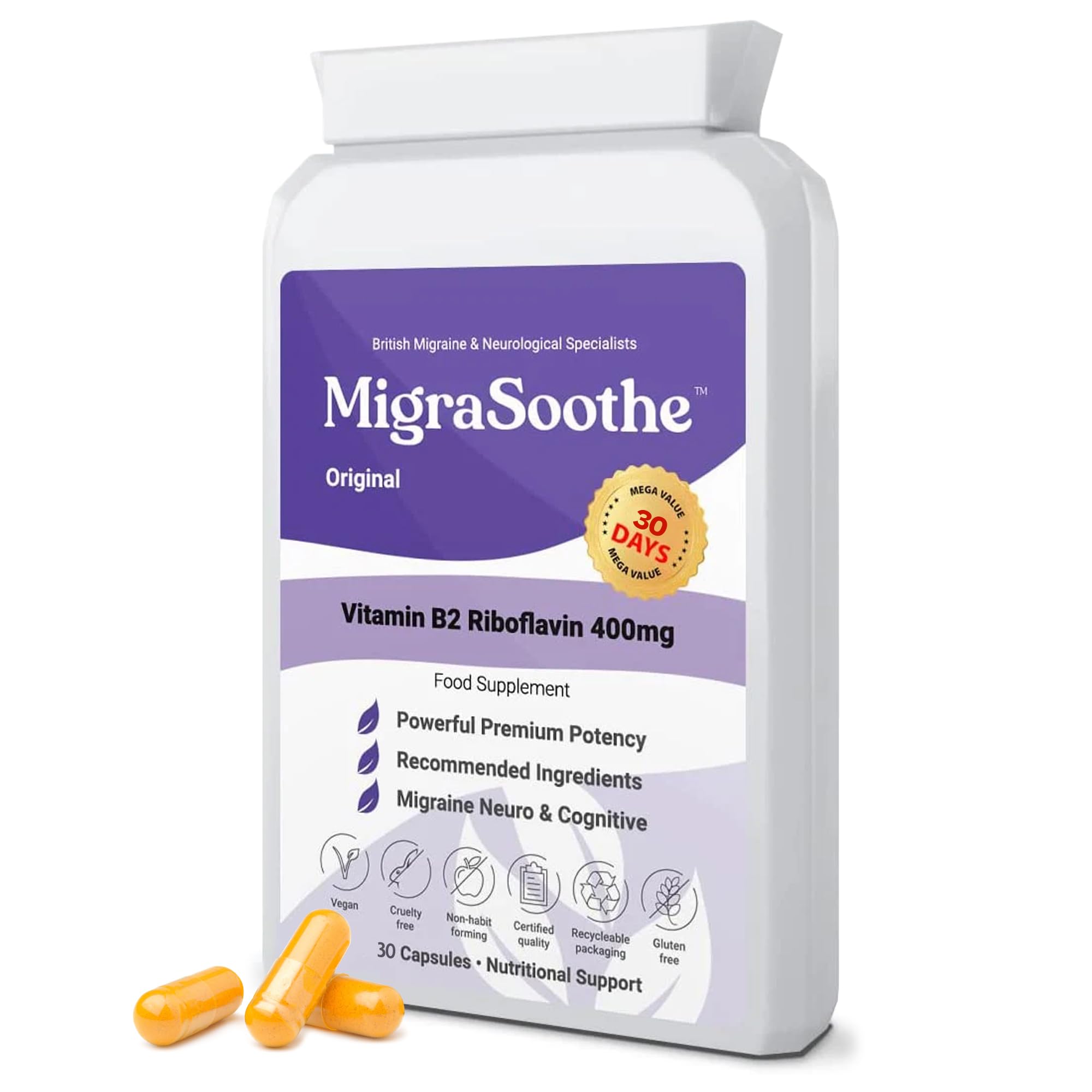 Premium Vitamin B2 Riboflavin 400mg per Capsule -Migrasoothe-B Pharma Manufacturing Standards UK Made Migraine Support, Stress, Tremors & Energy Vegan. Nice Recommended Vitamin B2 400 (30)