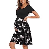WOOXIO Women's Short Sleeve Maternity Dress Patchwork Pregnancy Clothes with Pockets