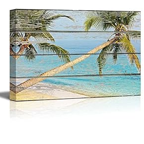 Canvas Wall Art - Two Palm Trees by The Seaside on Vintage Wood Textured Background - Rustic Country Style Modern Giclee Print Gallery Wrap Home Art Ready to Hang - 12" x 18"