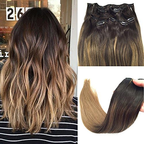 Misstar 7pcs 16inch Ombre Highlighted Remy Hair Extensions Clip in Human Hair Dark Brown #2 to Ash Brown #8 Colored Human Hair Extensions Clip ins