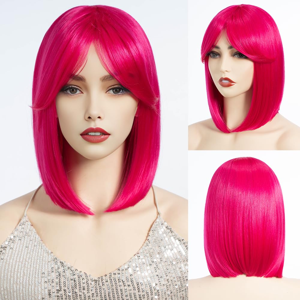 DÉBUT Straight Bob Hair Rose Red Wig with Fringe for Women Heat Resistant Synthetic Glueless Lace Wigs with Bangs for Daily Party Cosplay Wear（10 inches, PINK2）