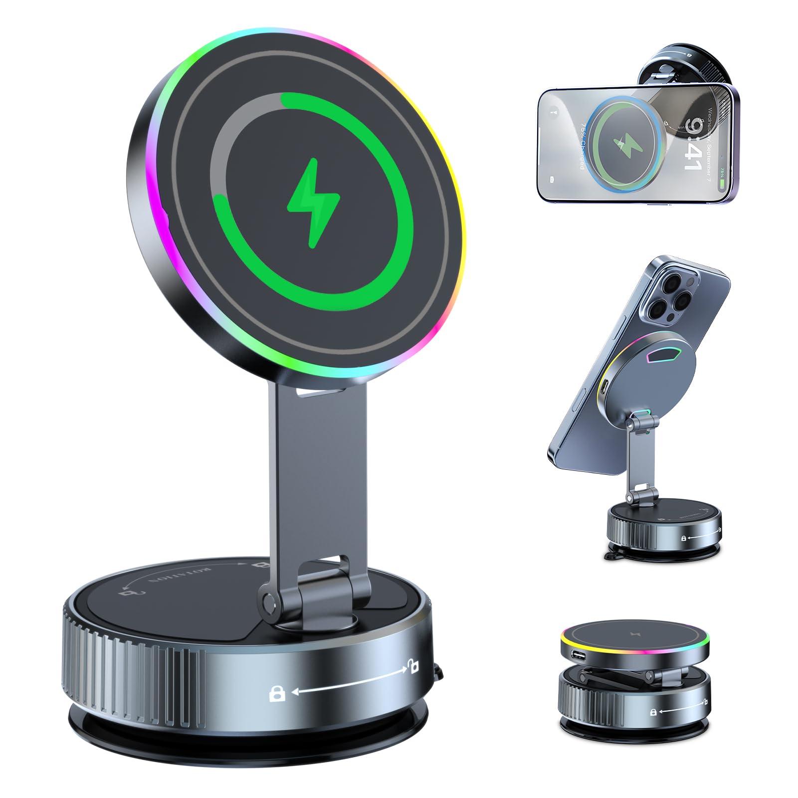 Aerlien 2026 Upgraded MagSafe Car Mount Charger 15W Fast Wireless Charging, 360° Adjustable Vacuum Magnetic Suction Phone Holders for iPhone 17-12 & Android