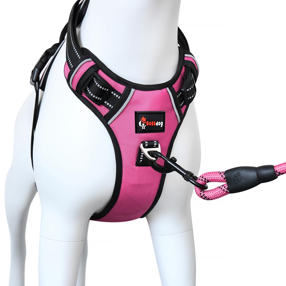 Bossdog No Pull Dog Harness and Lead Set | Anti Pull Harness for Small, Medium, Large and Puppy Dogs | Features Sturdy Top Handle and Reflective Strips (Large, Pink)