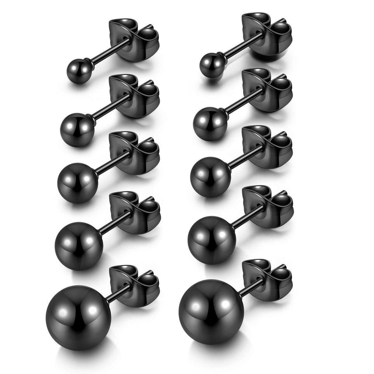 AllerPierce Hypoallergenic Black Ball Earrings Studs Set Cartilage Earrings Stainless Steel Round Ball Studs Earrings for Women Men 3mm-8mm（10Pcs）