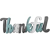 Rustic Wood Thankful Sign Wooden Block Letter Wall Decor, Decorative Hanging Word Sign,Teal Aqua Freestanding Cutout Letter Word Table Top Sign Home Decor