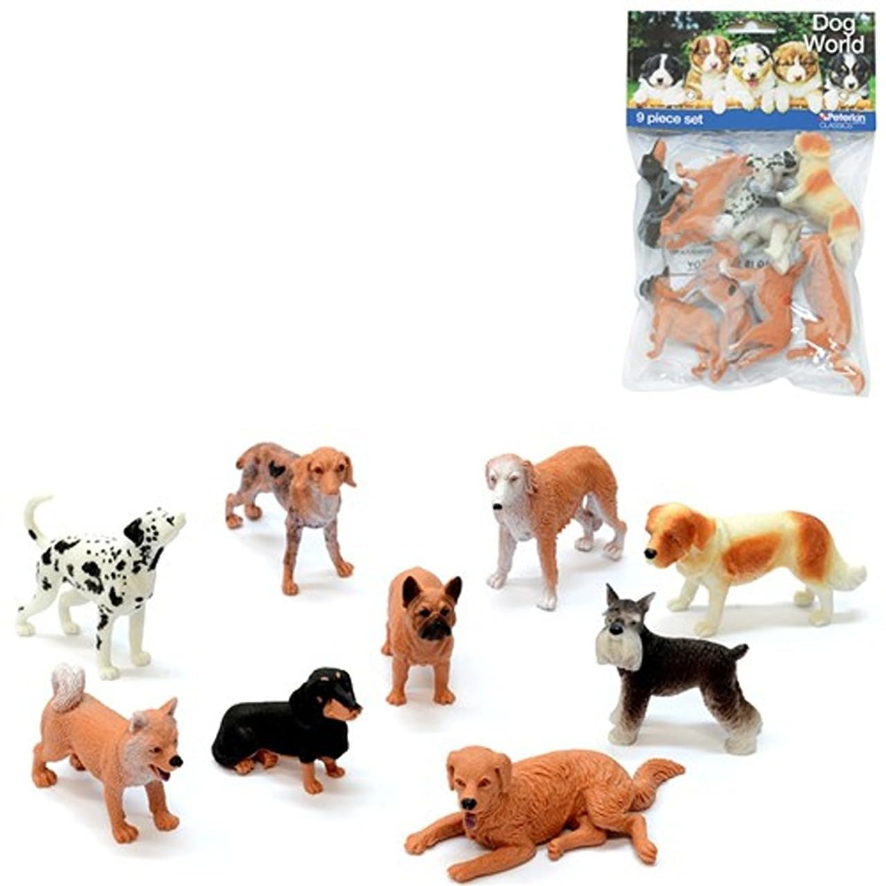 PETERKIN CLASSICS | Dog World 9-Piece Set | 7-10cm Plastic Dog Figure Toys | Dalmatian, Vizsla, Afghan Hound, St. Bernard, Husky, Dachshund, Pug, Schnauzer, Golden Retriever | Roleplay Toys | Ages 3+