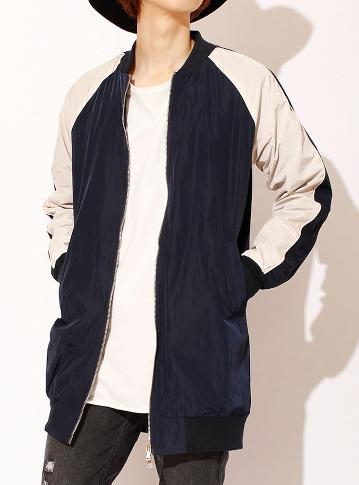 スカジャン メンズ ロング サテン ブルゾン 無地 ミリタリー L ネイビー コート ジャケット 通販 Amazon