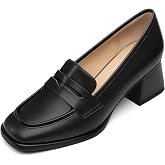FEMSTEP Womens Loafers, Slip on Chunky Heels Loafer Pumps Platform Square Toe Penny Loafers Comfortable Business Casual Work Dress Shoes for Women Formal Office, 2.1 Inch Heel