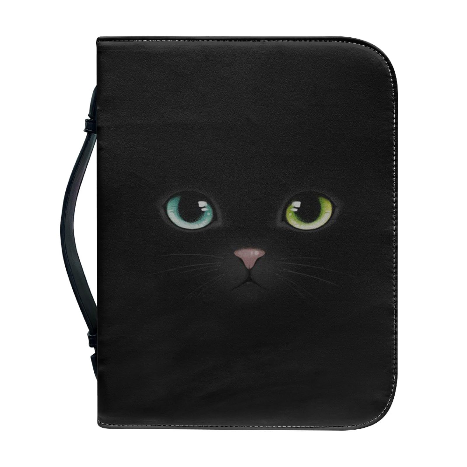 Kuiaobaty Black Cat Print Small Book Cover with Zipper and Handle 9"x6", Cartoon Kitty Book Covers Faux Leather Protective Bags