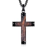 Wooden Cross Necklace for Men-Hawaiian Real Handmade Ebony Wood Cross Pendant Necklace Stainless Steel Chain, Mens Brown Cross Necklaces Koa Wood Jewelry Christian Baptism Crucifix Pendant for Men