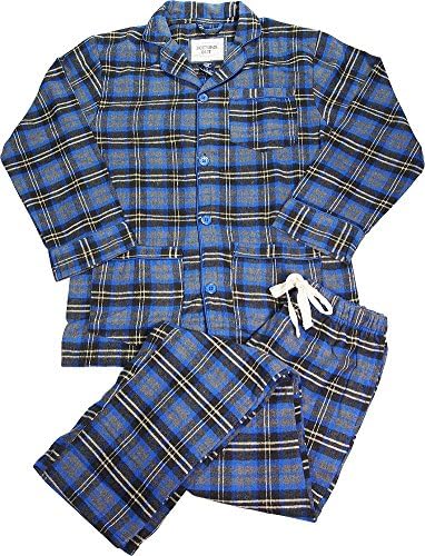 B O P J - Mens Long Sleeve 2 Piece Plaid Flannel Pajamas, Charcoal, Blue 39662-Large