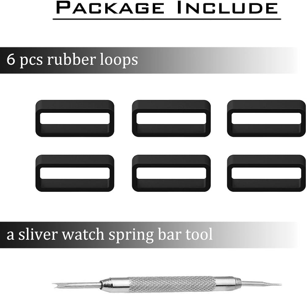 Adebena 6Pieces Rubber Watch Band Strap Loops 14mm/16mm/18mm/20mm/22mm/24mm/26mm Black Clear Replacement Resin Holder Retainer with Spring Bar Tools: Clothing