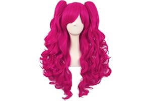 MapofBeauty 28 Inch/70 cm Lolita Long Curly 2 Ponytails Clip on Cosplay Wig (Hot Pink)