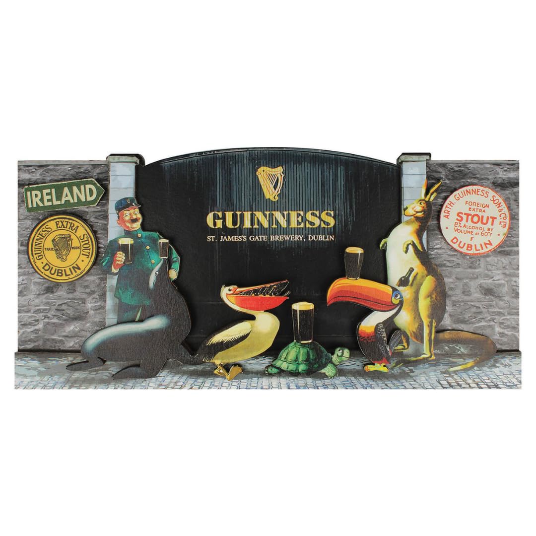 Guinness Wooden Sign - 3D St Jamses Gate and Classic Guinness Zoo Animals Design (30cm x 15cm)
