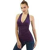 AmélieBoutik Women Halter V Neck Crossover Empire Waist Ruched Sides Sleeveless Blouse Top