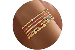 Turandoss Gold Beaded Bracelets Set for Women Girls Christmas Gifts - Dainty 14K Gold Plated Turquoise Cross Round Bead Pearl Bracelets for Teen Girls Heishi Clay Bracelet Set Christmas Gifts for Her