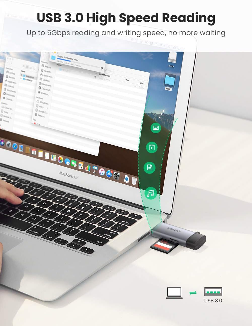 UGREEN USB SD Card Reader 3.0, USB-C & USB 3.0 Memory Card Reader for SD/Micro SD/UHS-I/SDXC/SDHC/TF - Image 5