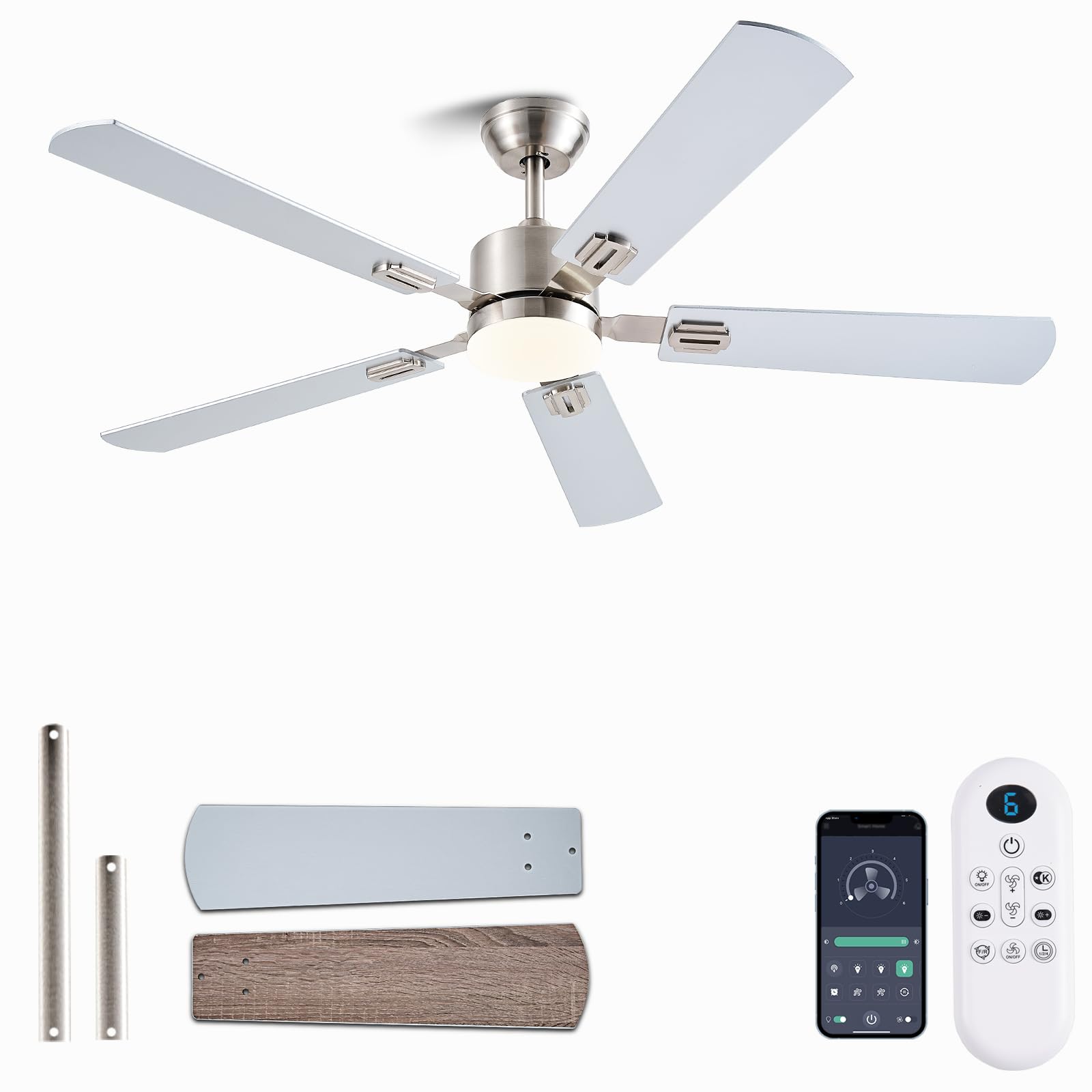 Photo 1 of FUMLTP 56 inch Ceiling Fans with Lights and Remote/App Control, DC Reversible Motor, Dimmable, Double-Side blades, 6 Speeds Low Profile Modern Ceiling Fan for Livingroom, Indoor/Outdoor?Nickel?