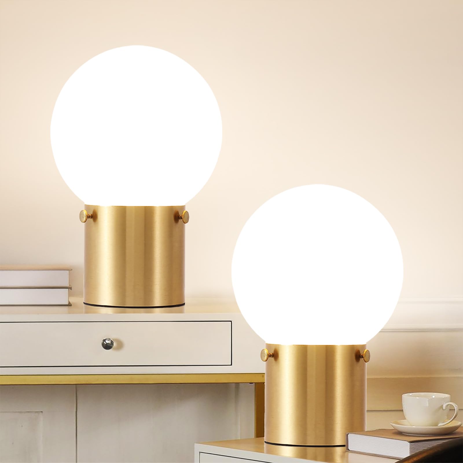 Photo 1 of Somniferous Gold Table Lamps Set of 2, Small Bedside Lamps with Frosted Glass Globe Shade, Mid Century Modern Lamp, Nightstand Lamps for Bedroom Living Room Dorm, 7W LED Bulb Included