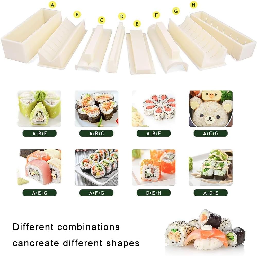 10 Piece Sushi Making Kit For Beginners Plastic Sushi Maker Tool Complete With 8 Sushi Rice Roll Mold Shapes Fork Spatula Diy Home Sushi Tool For Maki Rolls Sushi Rolls Kitchen