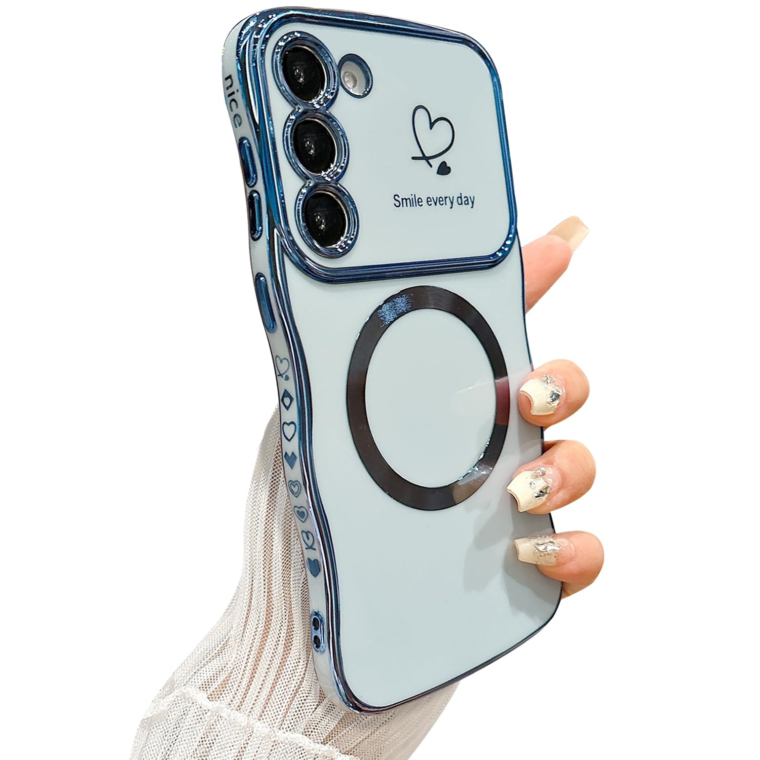 ZONRW for Samsung Galaxy S23 Case Magnetic,for Women Girls Soft Cute Wave Frame Curly Shape Love Heart Luxury Plating Phone Case Compatible with MagSafe Shockproof Back Cover 6.1"-Blue