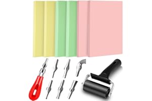 HAKKIN 14pcs Rubber Block Stamp Carving Blocks Rubber Stamp Kit, Carving DIY Stamp Making Kit, Linoleum Cutter with 6 Type Blades and Rubber Brayer Roller for Printmaking