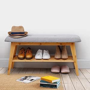 LWW Taburetes, zapatero Banco Taburete de bambú con cojín tapizado