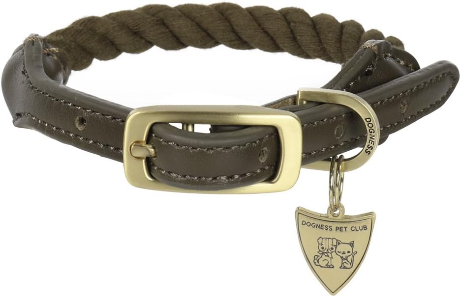 DOGNESS Cotton Rope Dog Collar, with Adjustable Soft Leather Strap, Red and Brown, 10 – 18 inch Small Medium Dogs, Matching Leash Sold Separately