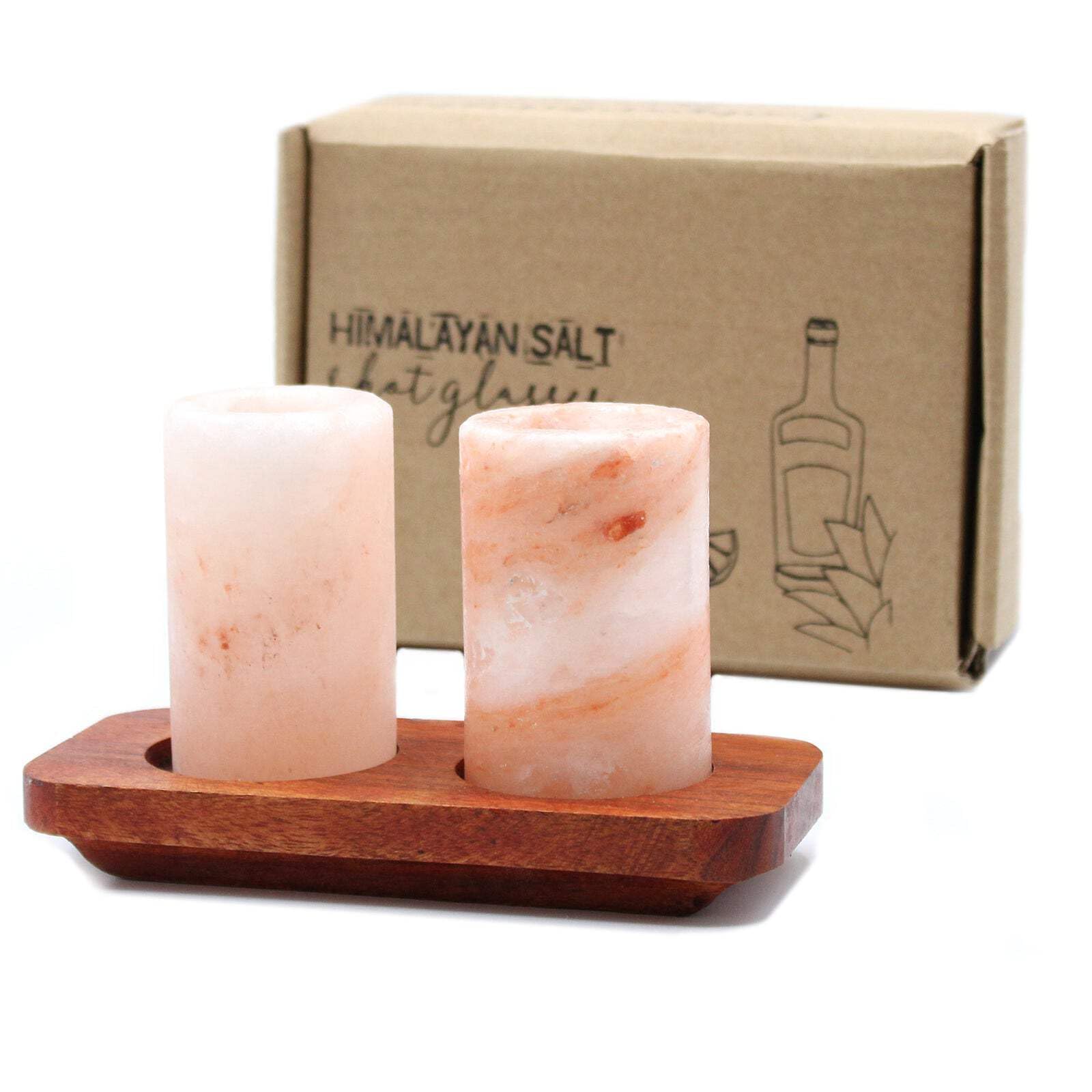 Set of 2 Himalayan Salt Shot Glasses and Wood Stand