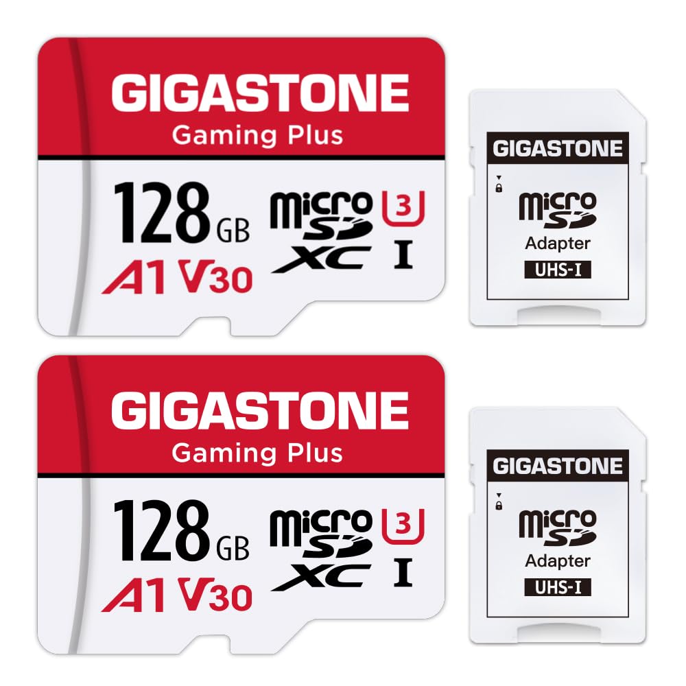 Gigastone 128GB Memory Card (2 Pack) Gaming Plus Series, Play Speed Up to 100MB/s, A1 U3 V30 Micro SDXC Card for Switch HD Videos Dashcam GoPro Camera with SD Adapter