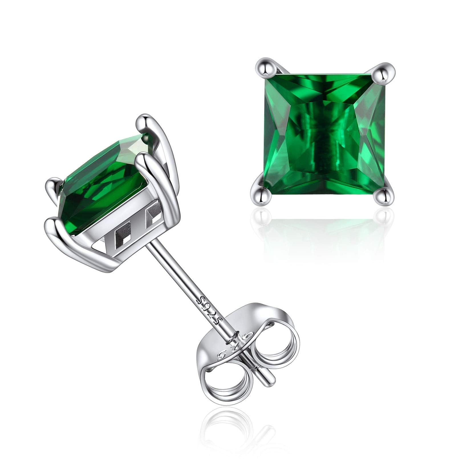 ChicSilver Simulated Emerald Green Birthstone Earrings for Women Sterling Silver Square May Birthstone Studs Fits Sensitive Ears