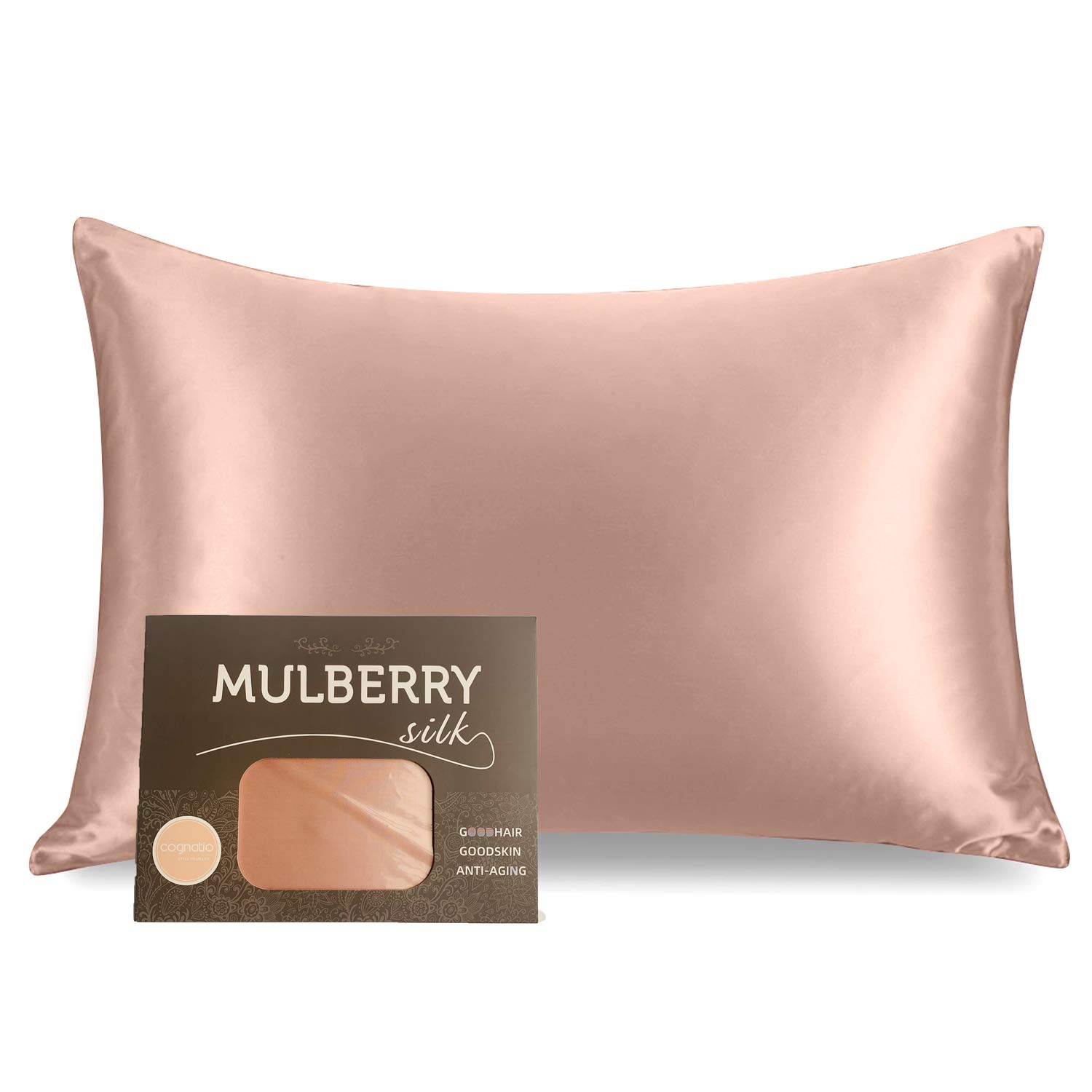 Cognatio 22 Momme 100% Mulberry Silk Pillowcase for Skin and Hair, Both Sides Pure Silk Pillow Case with Hidden Zipper, 1pc, Gift Box Packed, 50 x 75 cm, Pink Gold