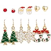 6 Pair Christmas Earrings for Women Funny Holiday Xmas Stud Earrings Bow Bell Candy Reindeer Snowflake Santa Claus Tree Enamel Drop Dangle Earrings for Christmas Gifts